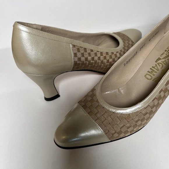 Salvatore Ferragamo Cream and Tan Woven Heels - Picture 2 of 16